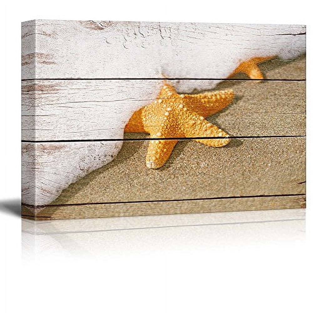 wall26 Canvas Print Wall Art Starfish & Ocean Waves on Wood Panels