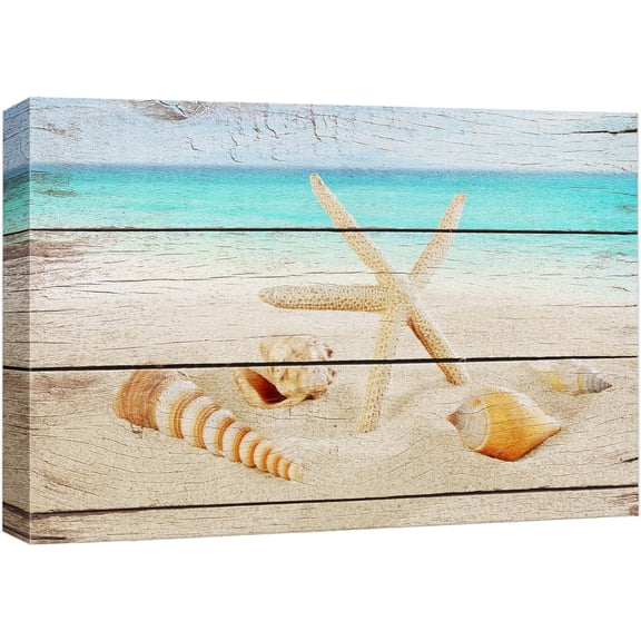 wall26 Canvas Print Wall Art Starfish & Seashell Shore on Wood Panels Nature Wilderness Mixed Media Modern Art Rustic Relax/Calm Multicolor for Living Room, Bedroom, Office - 12"x18"