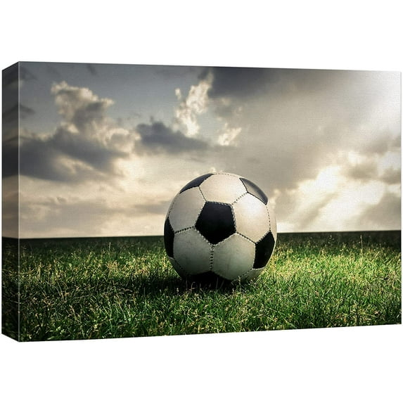 wall26 Canvas Print Wall Art Sunlight Cloudy Sky Soccer Ball Green Field Sports & Fitness Athletes Photography Realism Boy's Bedroom Decorative Urban Rustic for Living Room, Bedroom, Office - 16&