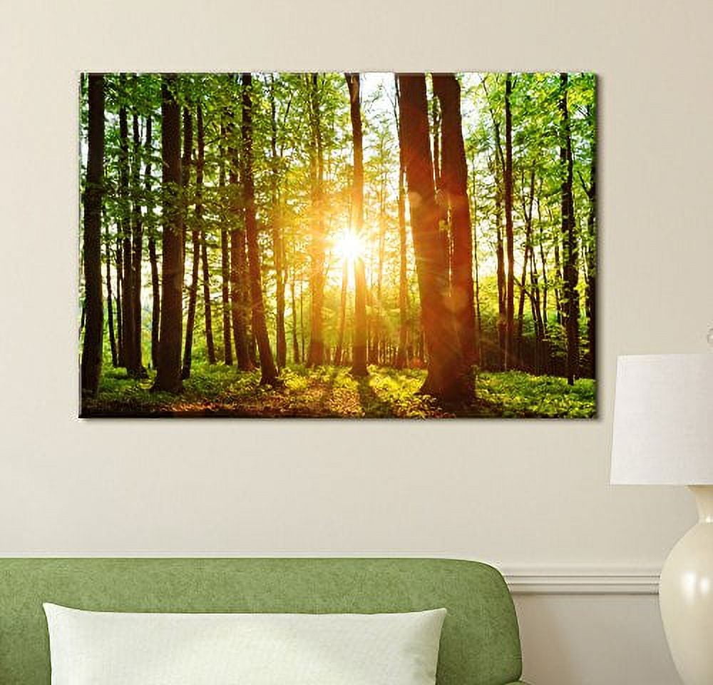 wall26 Canvas Print Wall Art Sunrise Over The Green Forest Nature