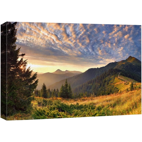 wall26 Canvas Print Wall Art Sunset Over The Golden Mountain Forest Landscape Nature Wilderness Photography Realism Rustic Scenic Colorful Green Ultra for Living Room, Bedroom, Office - 16"x24&q