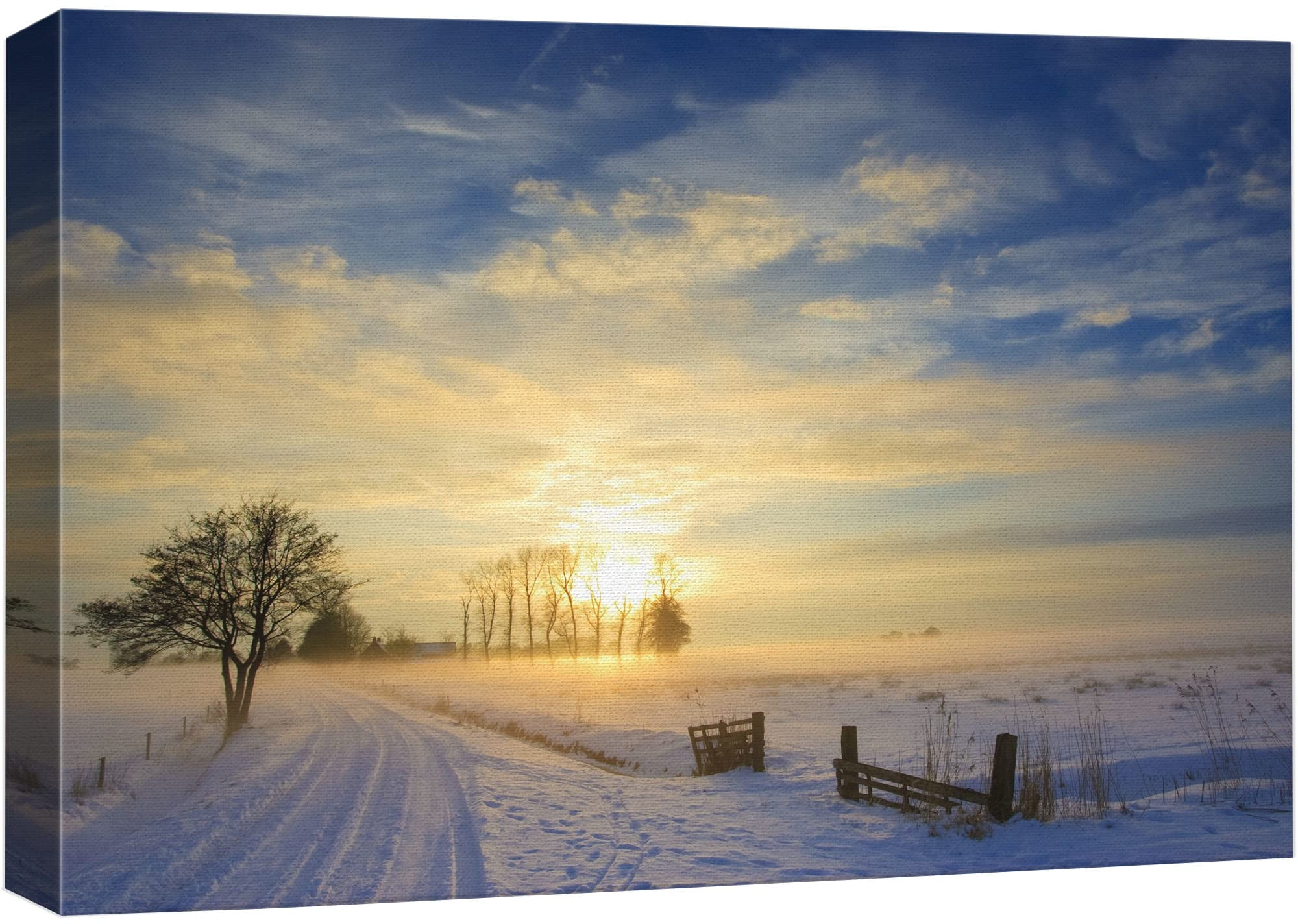 Winter Sunset Landscape Canvas Print in Blue and Yellow