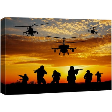 wall26 Canvas Print Wall Art Sunset Sky Russian Army Soldiers Helicopter Silhouette Cultural Historic Digital Art Modern Art Decorative Global Patriotic for Living Room, Bedroom, Office - 12x18