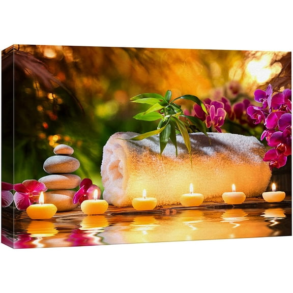 wall26 Canvas Print Wall Art Sunset Yoga Meditation Bath Towel Candle Orchids Nature Wilderness Photography Realism Rustic Landscape Colorful Multicolor for Living Room, Bedroom, Office - 24"x36