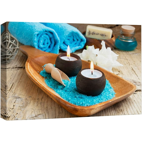 wall26 Canvas Print Wall Art Teal Bath Towel Bath Salt Meditation Massage Spa Nature Wilderness Photography Realism Rustic Landscape Colorful Multicolor for Living Room, Bedroom, Office - 24"x36
