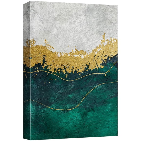 wall26 Canvas Print Wall Art Teal, Gold, White Paint Stroke Stripes Abstract Shapes Illustrations Modern Art Decorative Minimal Relax/Calm Zen for Living Room, Bedroom, Office - 12x18 inches