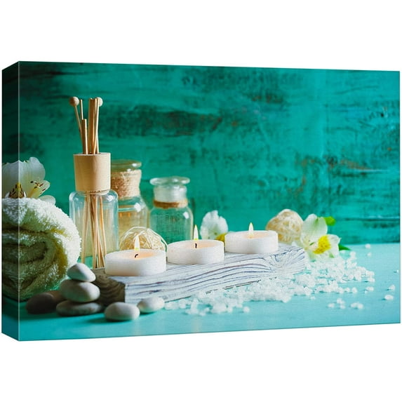 wall26 Canvas Print Wall Art Teal Meditation Spa Flowers Epsom Salt White Flowers Nature Wilderness Photography Realism Rustic Landscape Colorful Multicolor for Living Room, Bedroom, Office - 32"