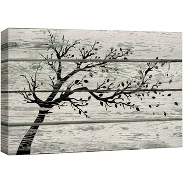 wall26 Canvas Print Wall Art Tree Silhouette with Leaves on White Wood Panels Nature Plants Illustrations Modern Art Rustic Scenic Relax/Calm Cool for Living Room, Bedroom, Office - 12&quot;x18&quot;