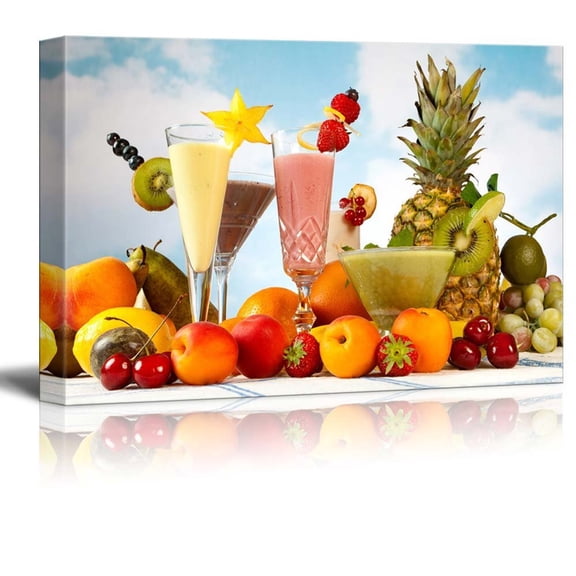 wall26 Canvas Print Wall Art Tropical Fruit Smoothies with Strawberry &amp; Orange Garnish Fruit Food Photography Realism Chic Scenic Colorful Multicolor Ultra for Living Room, Bedroom, Office - 12&q