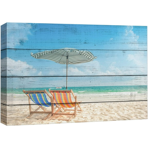 wall26 Canvas Print Wall Art Tropical Island Beach Chair Ocean Vacation Nature Wilderness Wood Panels Modern Art Rustic Decorative Zen Landscape Relax/Calm for Living Room, Bedroom, Office - 24"