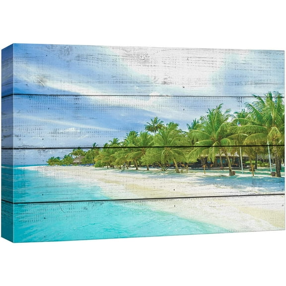 wall26 Canvas Print Wall Art Tropical Island Beach Shore Palm Trees Nature Wilderness Wood Panels Modern Art Rustic Decorative Zen Landscape Relax/Calm for Living Room, Bedroom, Office - 12"x18&