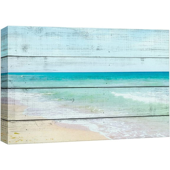 wall26 Canvas Print Wall Art Tropical Teal Beach Shore Ocean Wave View Nature Wilderness Wood Panels Modern Art Rustic Decorative Zen Landscape Relax/Calm for Living Room, Bedroom, Office - 24"x