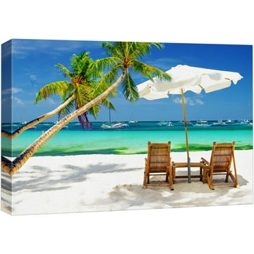 wall26 Canvas Print Wall Art Tropical Vacation on The Beach with Boats Nature Wilderness Photography Modern Art Rustic Scenic Colorful Multicolor for Living Room, Bedroom, Office - 12&quot;x18&quot;