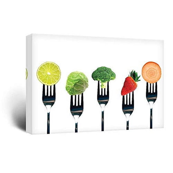 wall26 Canvas Print Wall Art Variety of Lime, Sprouts, Broccoli, Strawberry &amp; Carrot Fruit Food Photography Realism Chic Scenic Colorful Multicolor Ultra for Living Room, Bedroom, Office - 32&quo