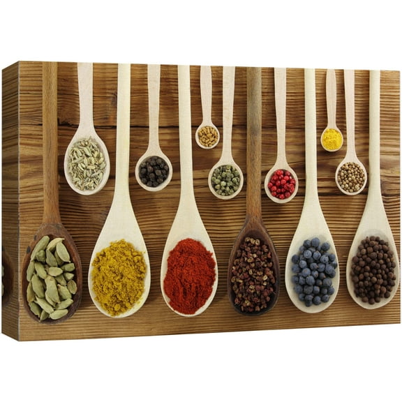 wall26 Canvas Print Wall Art Variety of Whole &amp; Crushed Seasonings on Wood Table Fruit Food Photography Realism Chic Scenic Colorful Multicolor Ultra for Living Room, Bedroom, Office - 32"x4