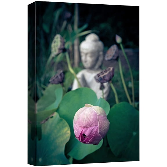 wall26 Canvas Print Wall Art Vibrant Lily Flowers &amp; Stone Buddha Statue Nature Religious Photography Realism Decorative Yoga Multicolor Relax/Calm Zen for Living Room, Bedroom, Office - 12"x
