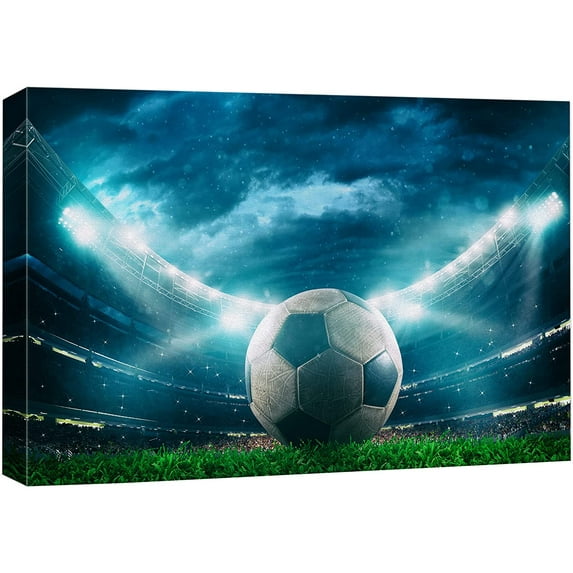 wall26 Canvas Print Wall Art Vibrant Neon Blue Soccer Ball World Cup Stadium Boys Room Decor Sports Fitness Photography Realism Decorative Scenic Multicolor for Living Room, Bedroom, Office - 32"