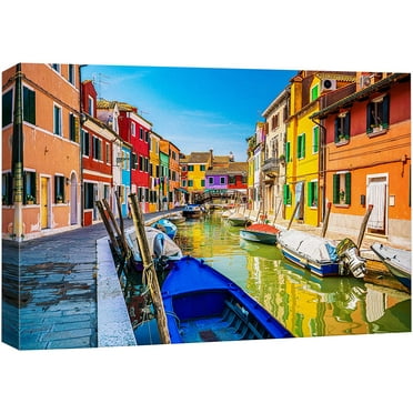 wall26 Canvas Print Wall Art Vibrant Neon Venice Italy Canal Boats Nature Wilderness Photography Realism Rustic Scenic Landscape Earth Panorama Colorful for Living Room, Bedroom, Office - 12&quot;x18