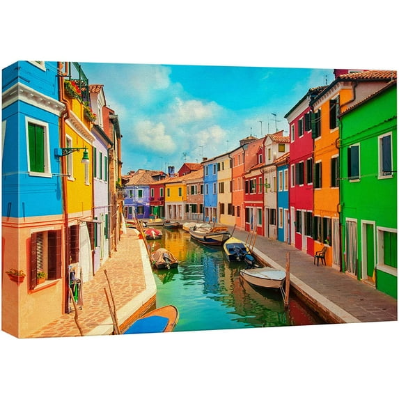 wall26 Canvas Print Wall Art Vibrant Neon Venice Italy Canal Homes Nature Wilderness Photography Realism Rustic Scenic Landscape Earth Panorama Colorful for Living Room, Bedroom, Office - 32"x48