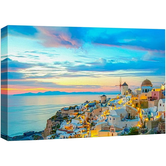 wall26 Canvas Print Wall Art Vibrant Pastel Sunset Santorini Greece Nature Wilderness Photography Realism Rustic Scenic Landscape Earth Panorama Colorful for Living Room, Bedroom, Office - 12"x1