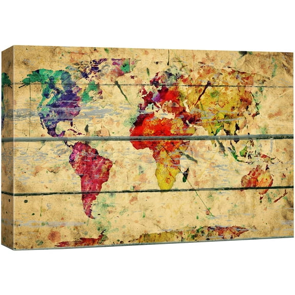 wall26 Canvas Print Wall Art Vibrant Rainbow World Map & Wood Panels Architecture & Maps Cities Illustrations Modern Art Rustic Scenic Relax/Calm Multicolor for Living Room, Bedroom, Office -