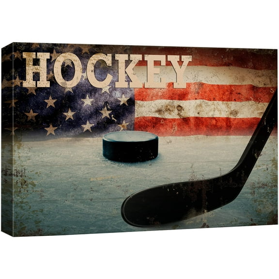 wall26 Canvas Print Wall Art Vintage Hockey Stick &amp; Puck with American Flag Sports Athletes Photography Modern Art Contemporary Scenic Urban Multicolor for Living Room, Bedroom, Office - 12"