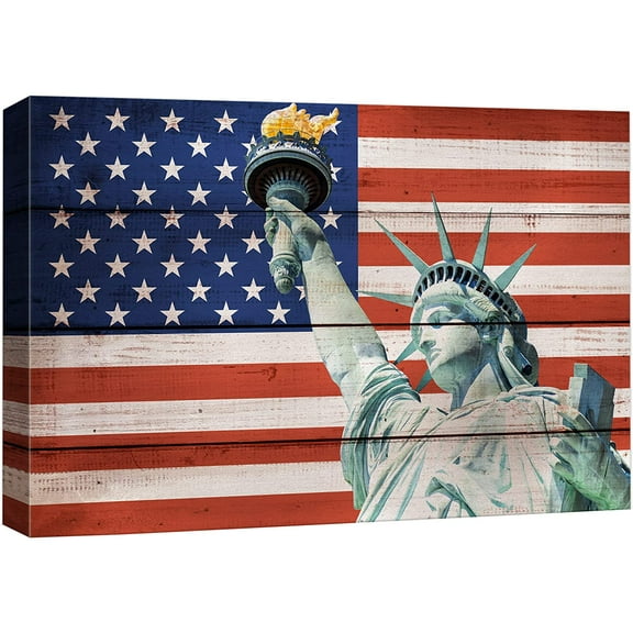 wall26 Canvas Print Wall Art Vintage Statue of Liberty American Flag USA July 4th Wood Panels Modern Art Multicolor Zen Traditional Decorative Colorful for Living Room, Bedroom, Office - 32"x48&