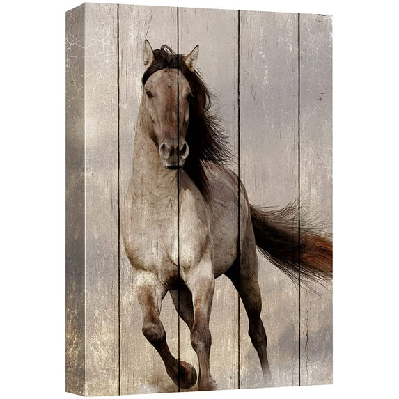 wall26 Canvas Print Wall Art Vintage Wood Panel Brown White Horse Nature Animals Digital Art Realism Decorative Farmhouse Zen Rustic Multicolor Wildlife for Living Room, Bedroom, Office - 16"x24