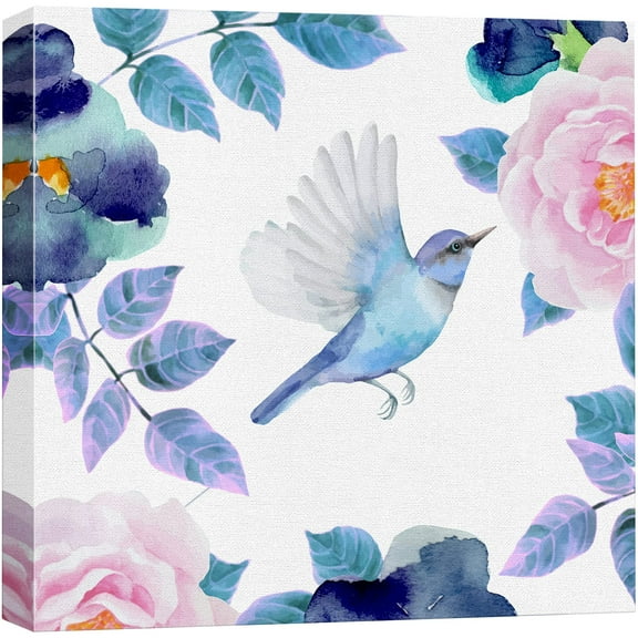 wall26 Canvas Print Wall Art Watercolor Effect Bird Flying Near Flowers Animals Wildlife Illustrations Modern Art Rustic Scenic Colorful Farmhouse/Country for Living Room, Bedroom, Office - 24"x