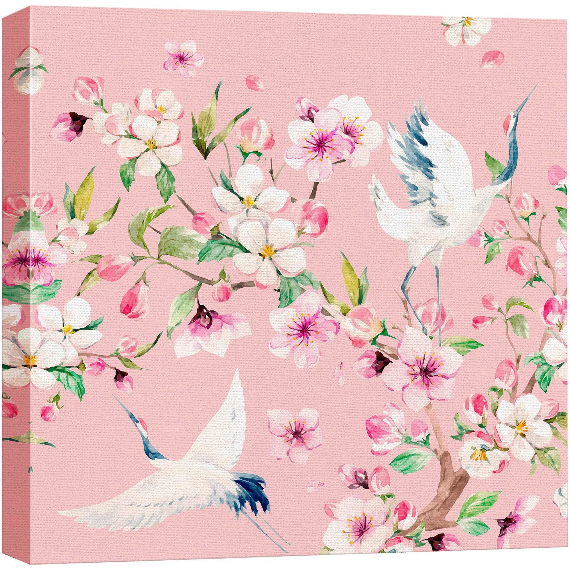 wall26 Canvas Print Wall Art Watercolor Effect Crane Duo & Pink Flowers ...