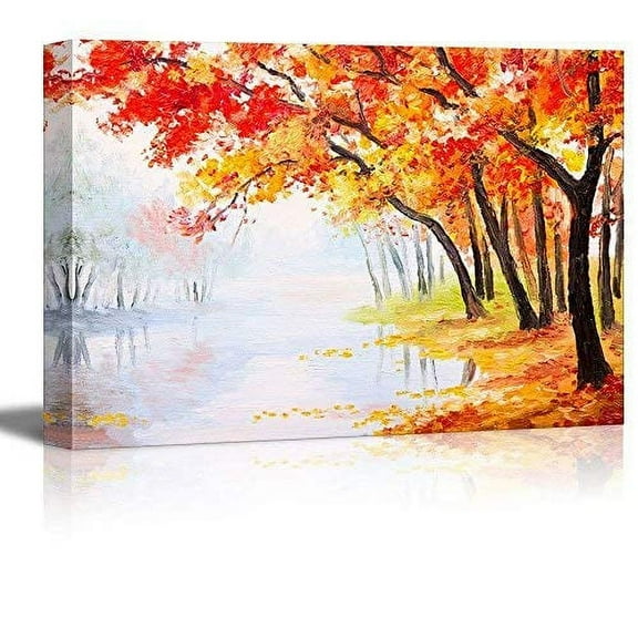 wall26 Canvas Print Wall Art Watercolor Effect Red &amp; Orange Autumn Forest Nature Wilderness Illustrations Modern Art Rustic Scenic Colorful Multicolor for Living Room, Bedroom, Office - 12"x
