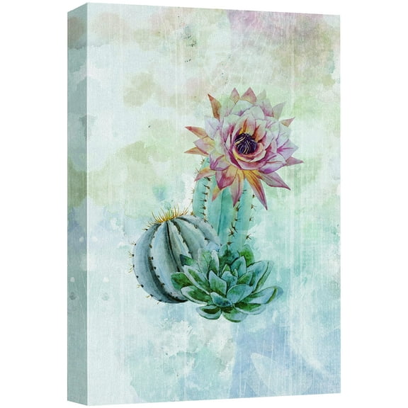 wall26 Canvas Print Wall Art Watercolor Explosion Green Cacti &amp; Pink Flower Floral Plants Illustrations Realism Rustic Scenic Colorful Multicolor Ultra for Living Room, Bedroom, Office - 24"