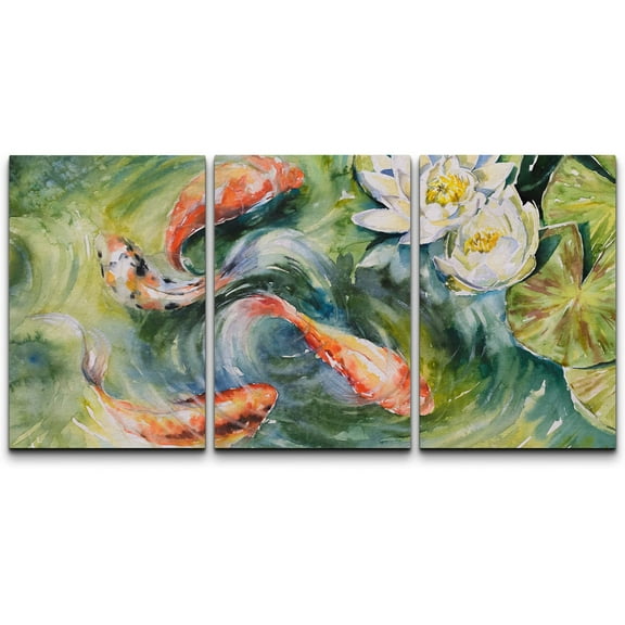 wall26 Canvas Print Wall Art Watercolor Japanese Koi Fish &amp; Water Lily Animals Wildlife Illustrations Realism Rustic Scenic Colorful Multicolor for Living Room, Bedroom, Office - 24&quot;x36&quot