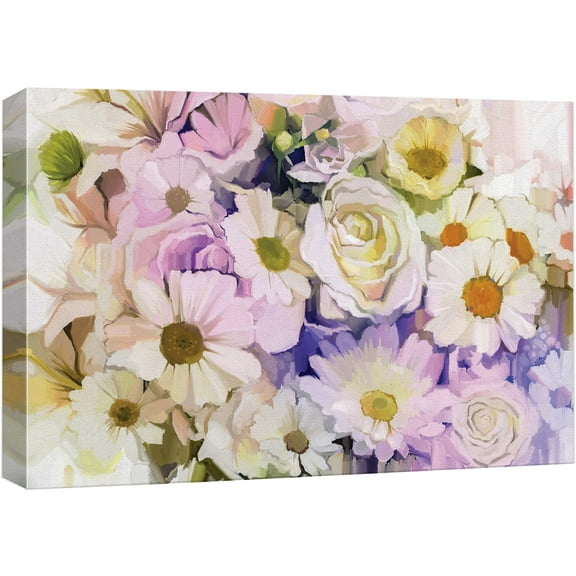 wall26 Canvas Print Wall Art Watercolor Purple &amp; White Roses and Daisies Floral Botanical Illustrations Modern Art Rustic Scenic Colorful Multicolor for Living Room, Bedroom, Office - 12"x18