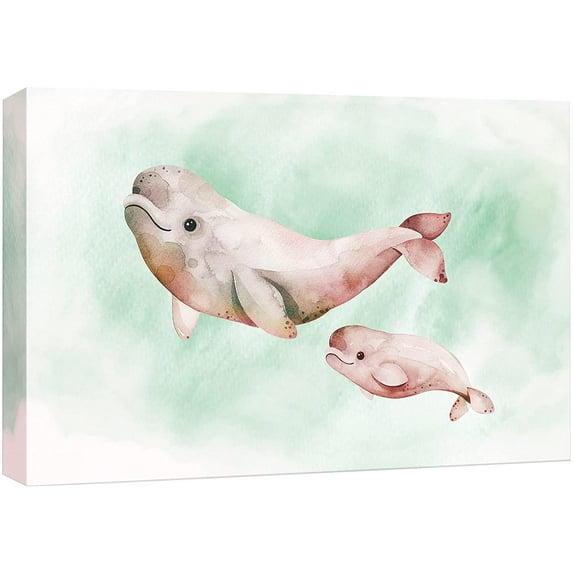 wall26 Canvas Print Wall Art Watercolor Red, Green & White Beluga Whales Animals Marine Life Illustrations Realism Nautical Scenic Relax/Calm Multicolor for Living Room, Bedroom, Office - 16"