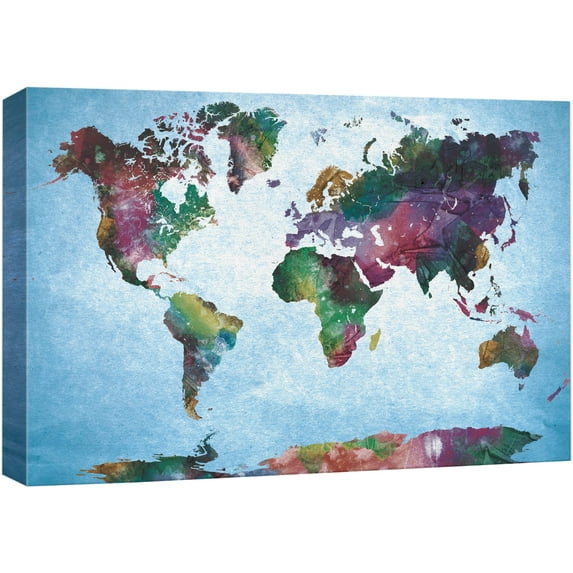 wall26 Canvas Print Wall Art Watercolor Style Green &amp; Purple World Map Architecture &amp; Maps Cultural Illustrations Modern Art Traditional Multicolor for Living Room, Bedroom, Office - 12"