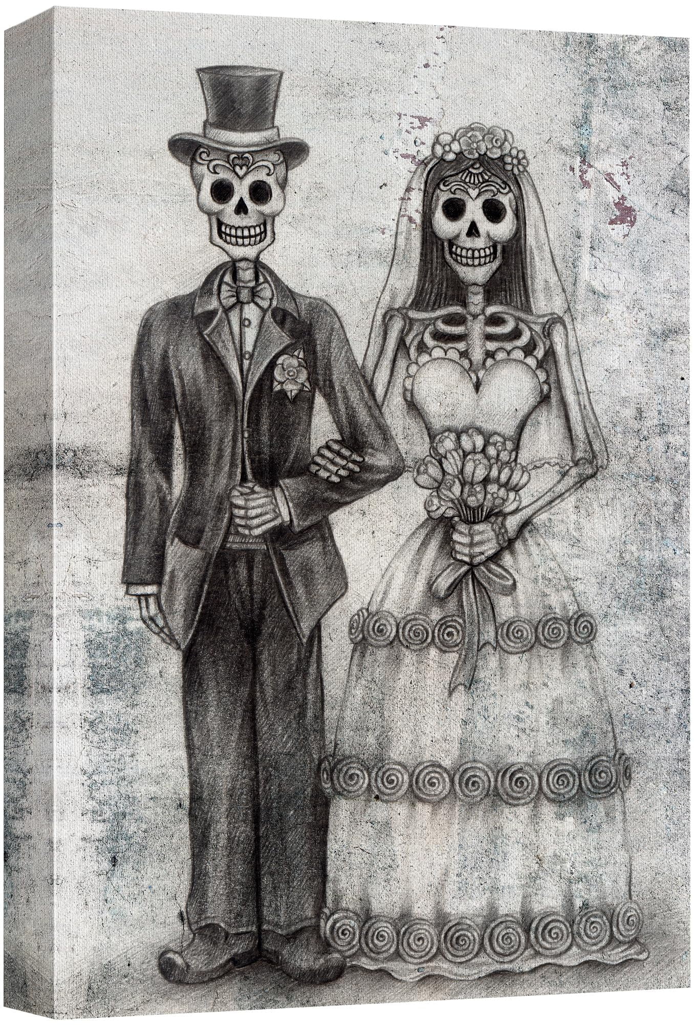 Modern Gothic Skull Couple Wedding Framed Canvas Print, 12x18 Inches