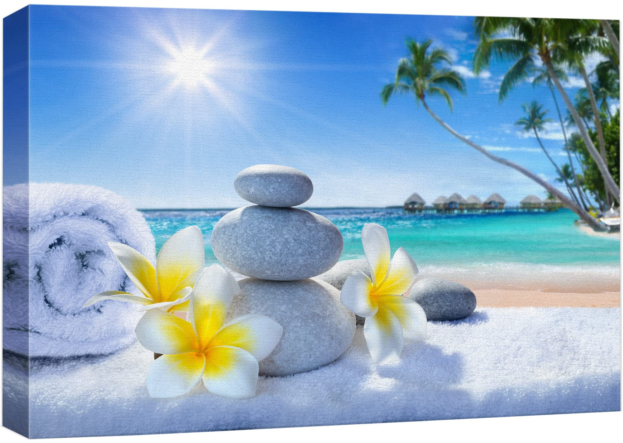 wall26 Canvas Print Wall Art White Massage Stones on Vibrant Beach Nature Floral Photography Realism Tropical Landscape Colorful Multicolor for Living Room, Bedroom, Office - 12"x18"