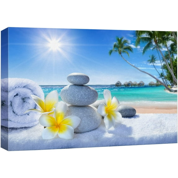 wall26 Canvas Print Wall Art White Massage Stones on Vibrant Beach Nature Floral Photography Realism Tropical Landscape Colorful Multicolor for Living Room, Bedroom, Office - 32"x48"