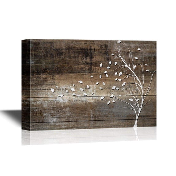 wall26 Canvas Print Wall Art White Tree Silhouette with Blowing Leaves on Vintage Wood Panels Nature Wilderness Illustrations Modern Art Rustic Relax/Calm for Living Room, Bedroom, Office - 16"x
