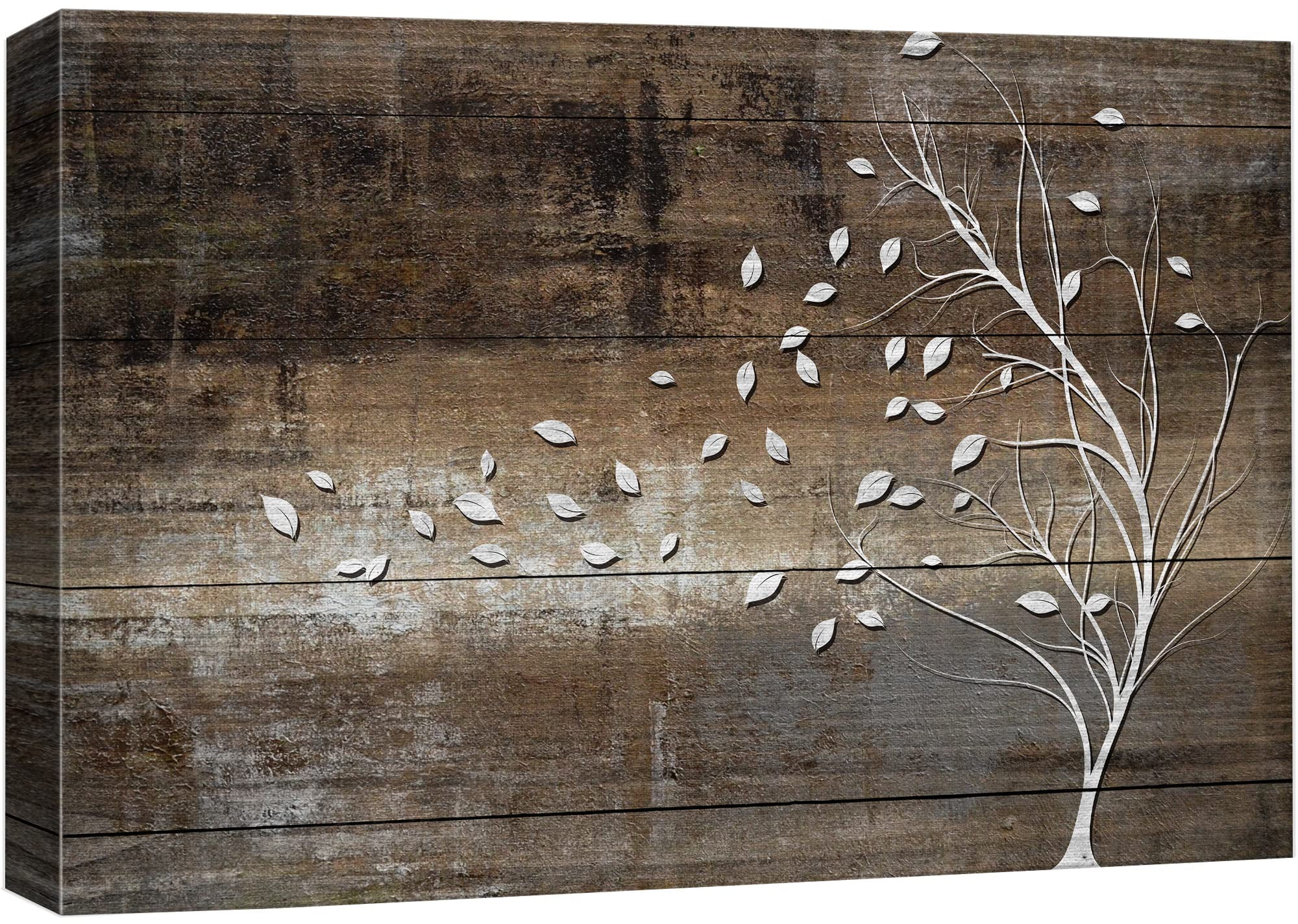 White Tree Silhouette on Brown Wood Canvas Wall Art