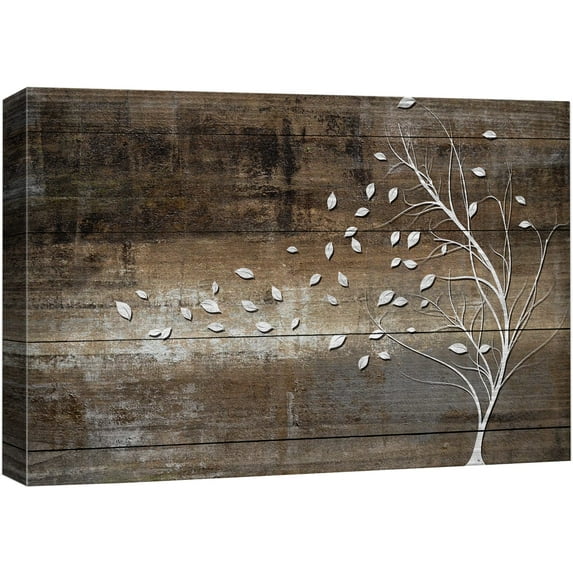 wall26 Canvas Print Wall Art White Tree Silhouette with Blowing Leaves on Vintage Wood Panels Nature Wilderness Illustrations Modern Art Rustic Relax/Calm for Living Room, Bedroom, Office - 12"x
