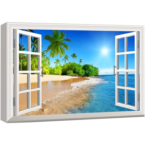 wall26 Canvas Print Wall Art - Window Frame Style Wall Art - Beautiful Tropical Beach with White Sand,Clear Sea and Palm Trees Under Blue Sunny Sky - 24" x 36"