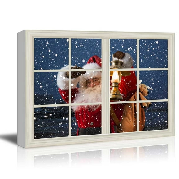 wall26 - Canvas Print Wall Art - Window Frame Style Wall Art - Santa Claus Carrying Gifts Coming on Christmas Eve | Giclee Print Modern Home Decor. Stretched & Ready to Hang - 24 x 36