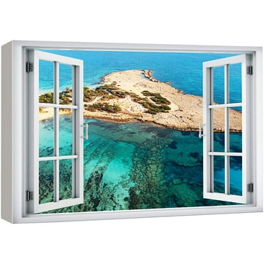 wall26 Canvas Print Wall Art Window View Aerial Tropical Paradise Ocean Island Wilderness Nature Photography Realism Scenic Landscape Colorful Multicolor for Living Room, Bedroom, Office - 24&quot;x3