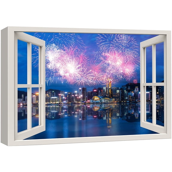 wall26 Canvas Print Wall Art Window View Australia Sydney Fireworks Parade Celebrations & Holidays Nature Photography Realism Landscape Colorful Multicolor for Living Room, Bedroom, Office - 32&q