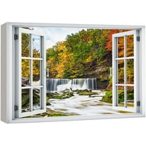 wall26 Canvas Print Wall Art Window View Autumn Fall Forest Tree River Rapids Wilderness Nature Photography Realism Scenic Landscape Colorful Multicolor for Living Room, Bedroom, Office - 12"x18