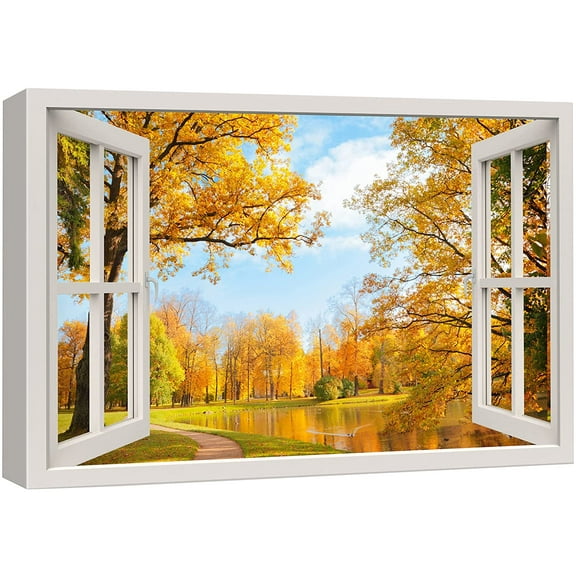 wall26 Canvas Print Wall Art Window View Autumn Fall Orange Forest Tree Field Wilderness Nature Photography Realism Scenic Landscape Colorful Multicolor for Living Room, Bedroom, Office - 12&quot;x18