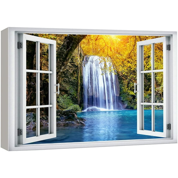 wall26 Canvas Print Wall Art Window View Autumn Fall Season Waterfall Forest Lake Wilderness Nature Photography Realism Scenic Landscape Colorful Multicolor for Living Room, Bedroom, Office - 12"