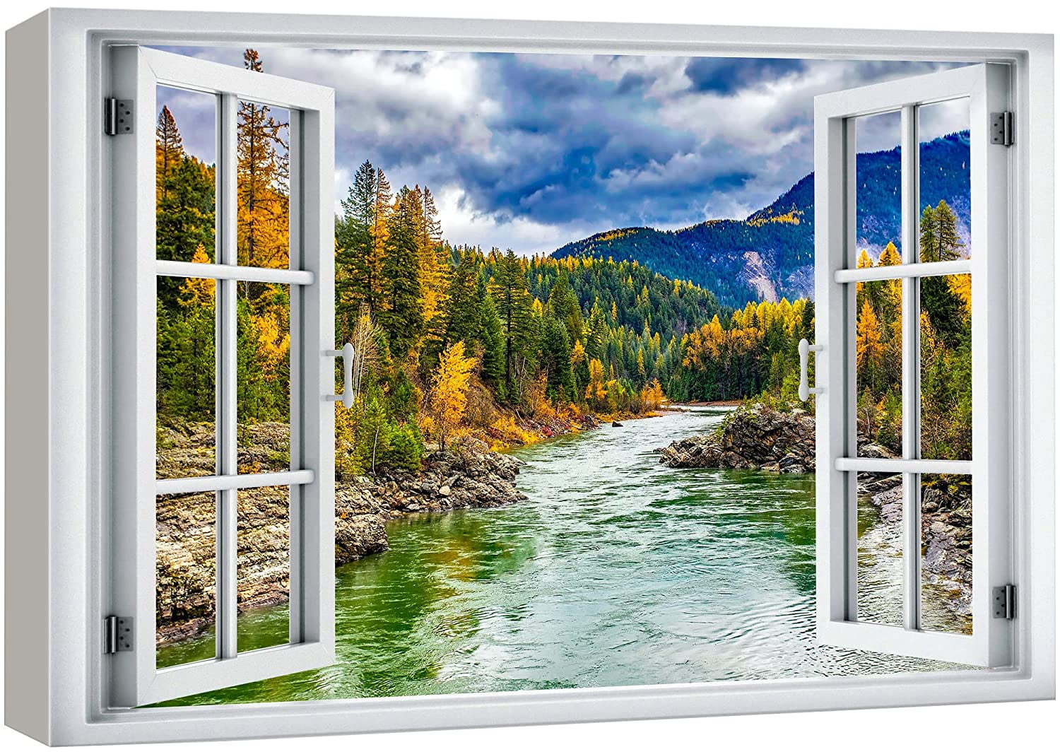 wall26 Canvas Print Wall Art Window View Autumn Forest River Stream  Mountains Wilderness Nature Photography Realism Scenic Landscape Multicolor  for Living Room, Bedroom, Office 32x48